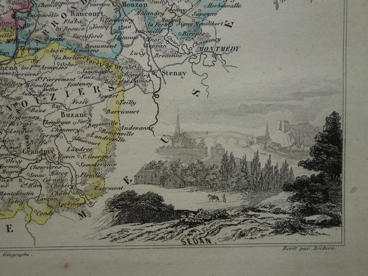 Oude kaart van Ardennes departement in Frankrijk uit 1856 originele antieke handgekleurde landkaart Charleville Mezieres Rethel Sedan Revin Ardennen