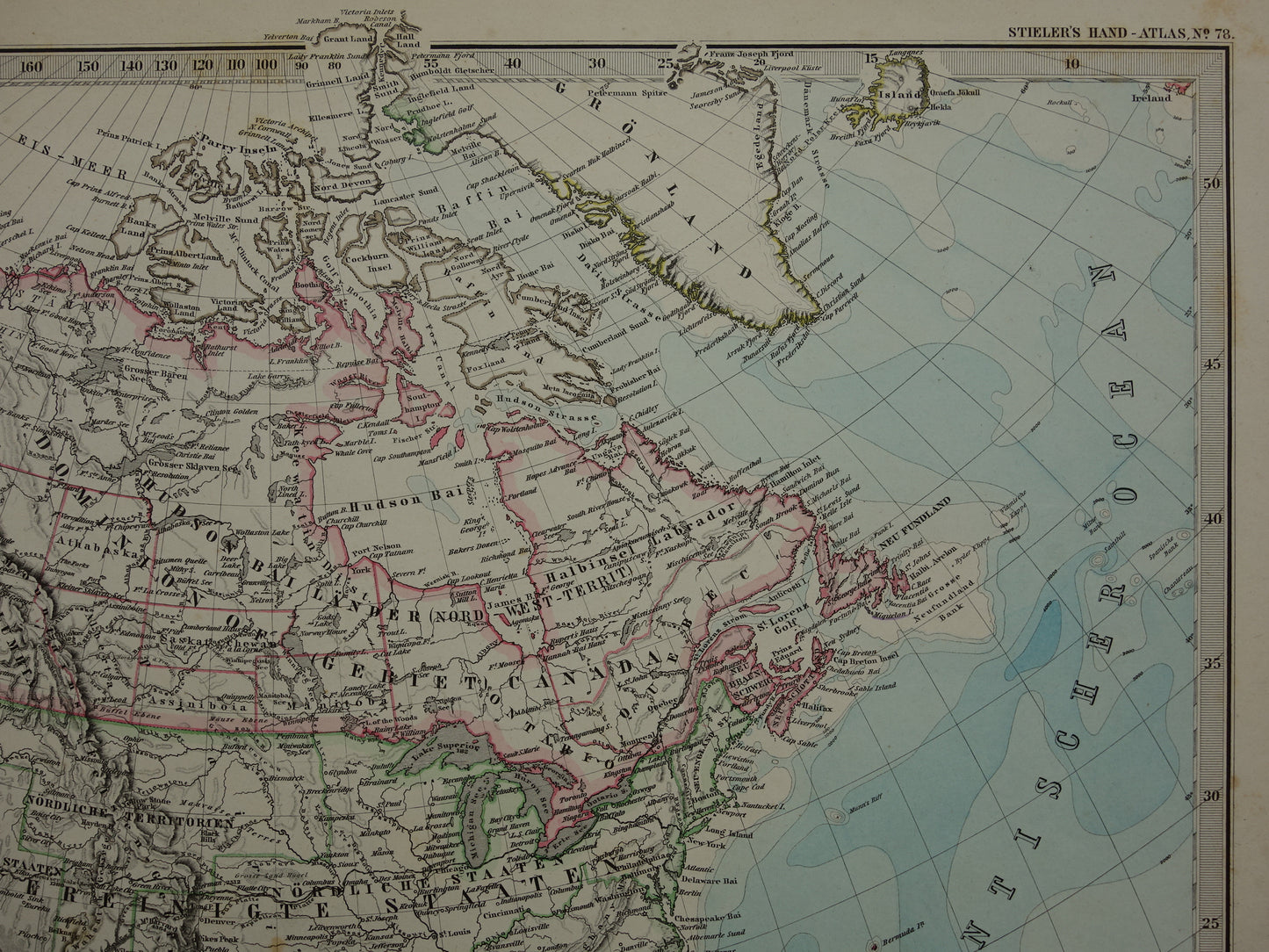 Alte Karte von Nordamerika aus dem Jahr 1884. Antike Karte der USA, Kanadas und Mexikos.