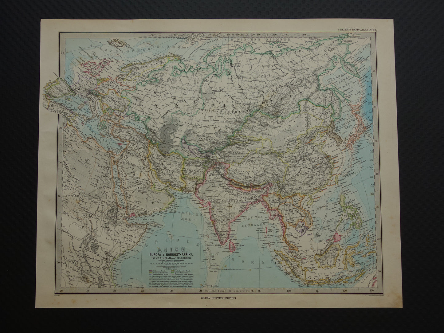 AZIË oude kaart van Azië in 1884 originele antieke Duitse landkaart
