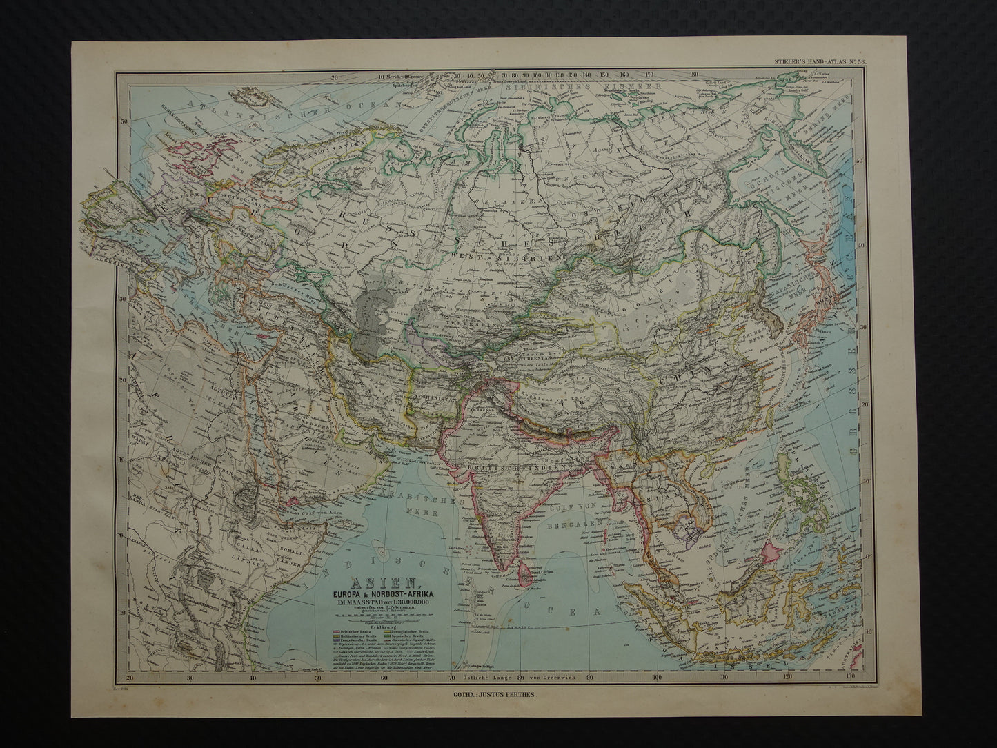 AZIË oude kaart van Azië in 1884 originele antieke Duitse landkaart