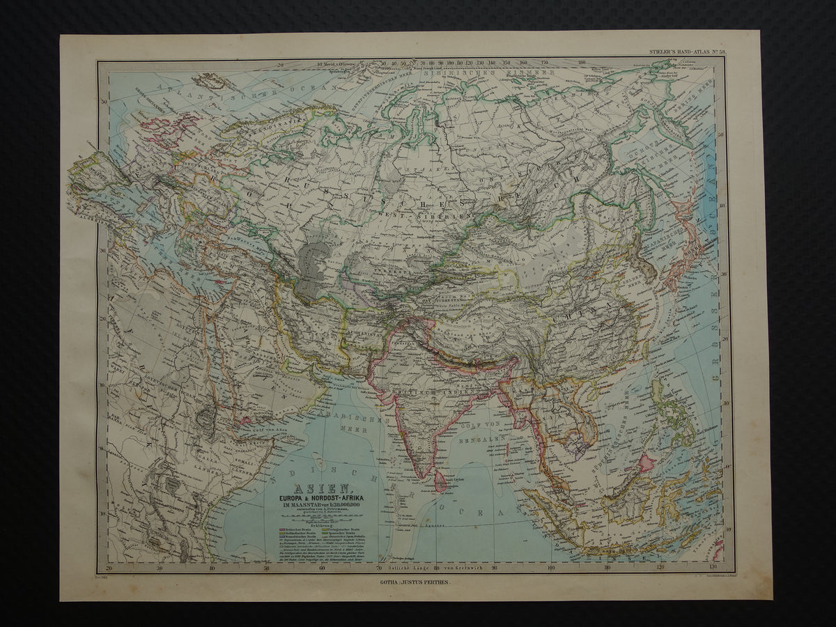AZIË oude kaart van Azië in 1884 originele antieke Duitse landkaart
