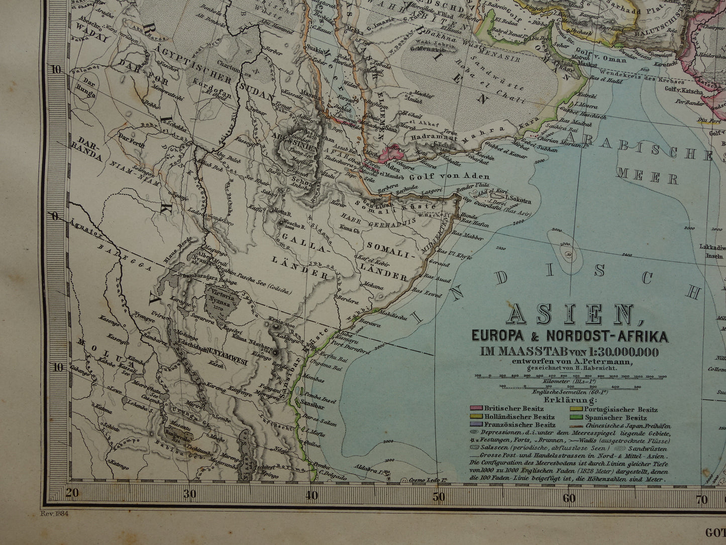 AZIË oude kaart van Azië in 1884 originele antieke Duitse landkaart