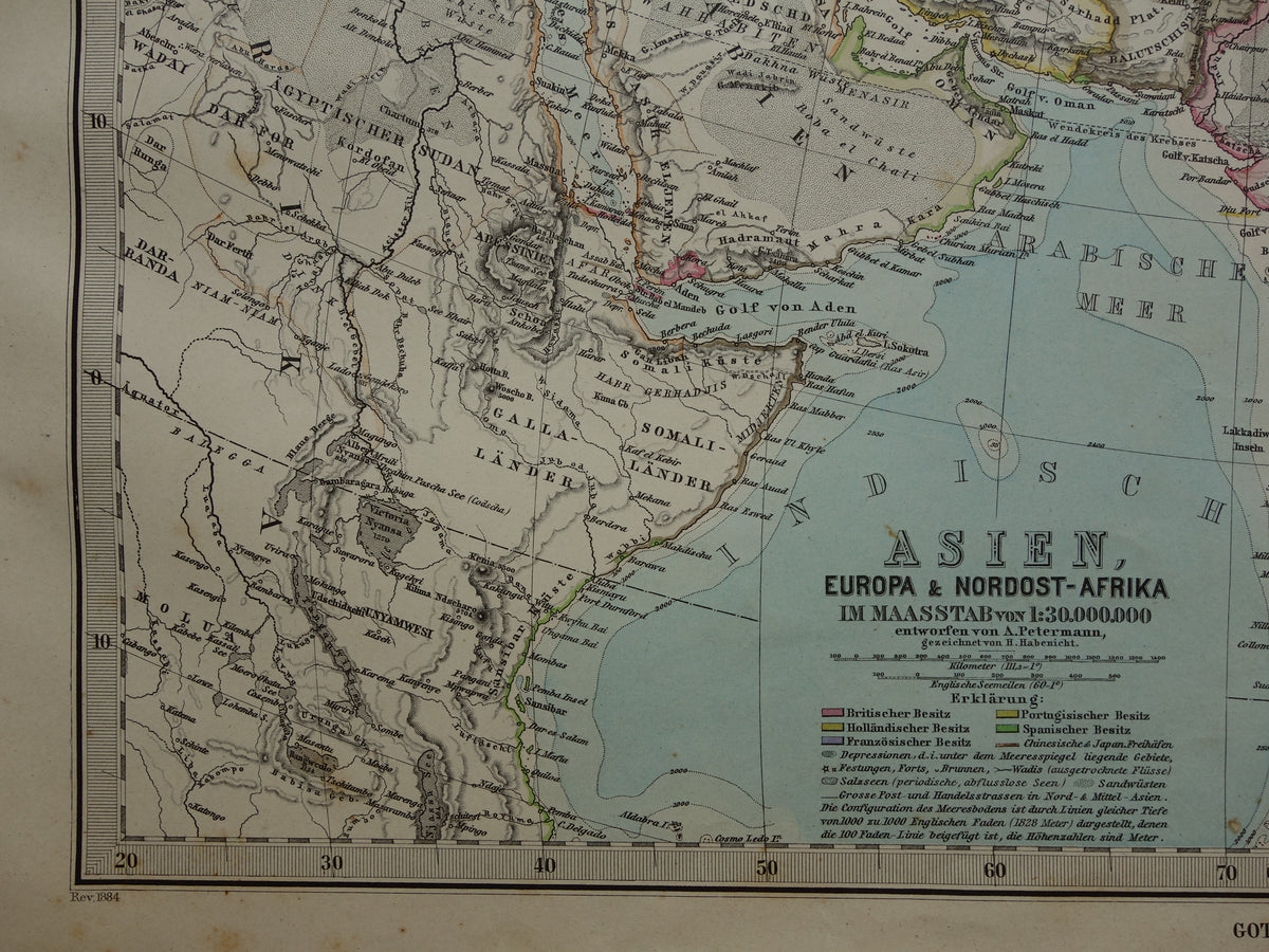 AZIË oude kaart van Azië in 1884 originele antieke Duitse landkaart