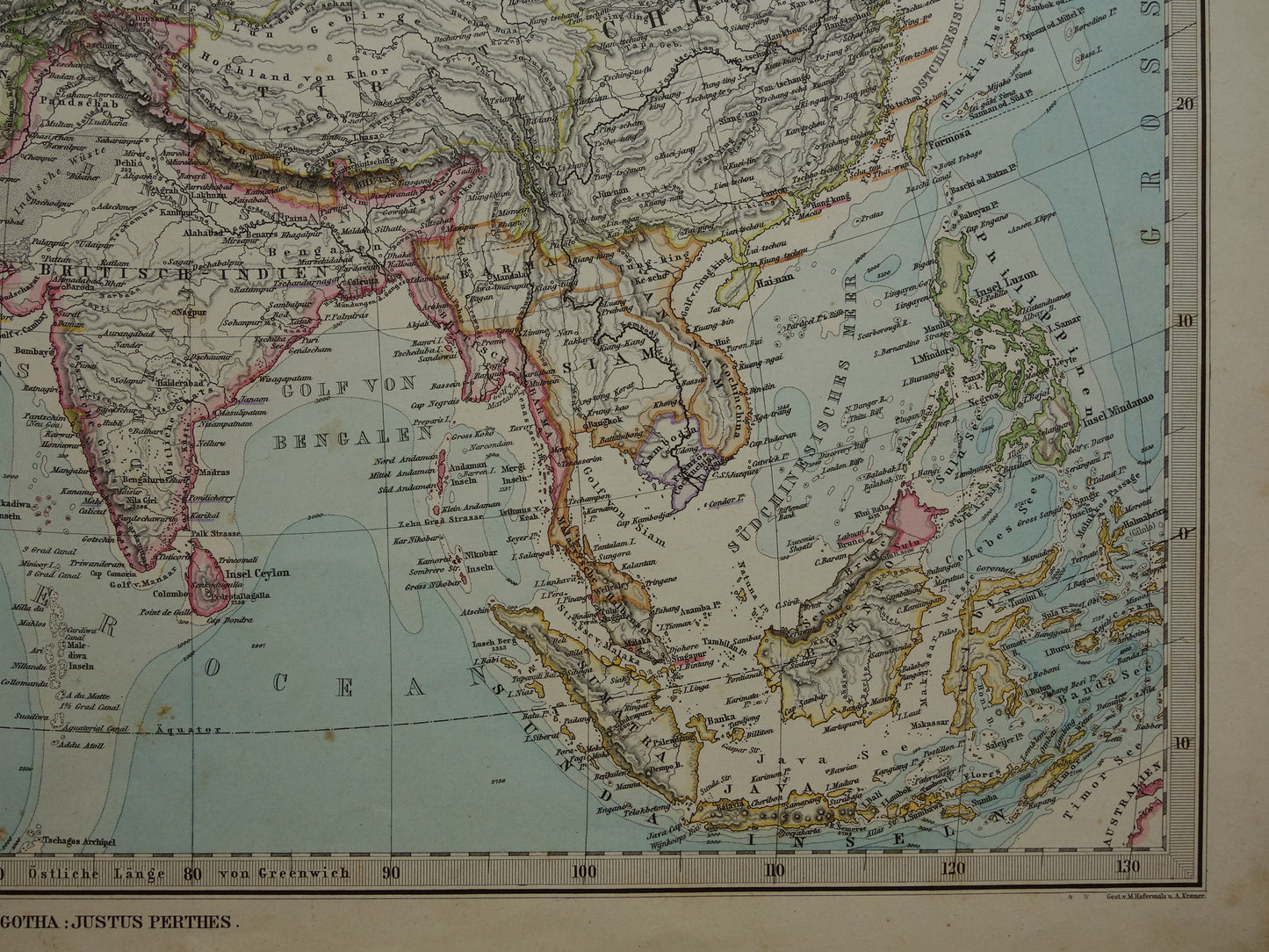 AZIË oude kaart van Azië in 1884 originele antieke Duitse landkaart