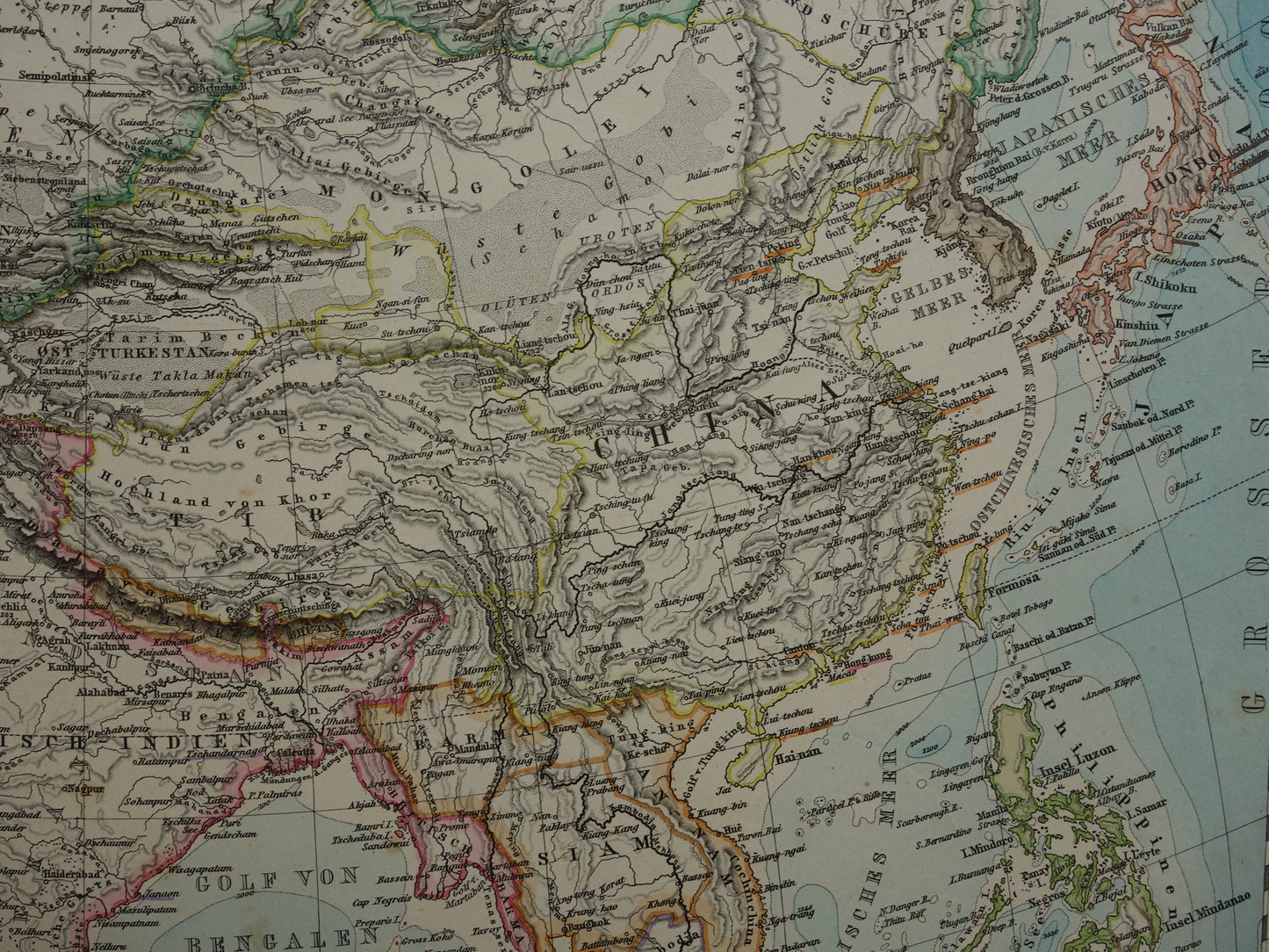 AZIË oude kaart van Azië in 1884 originele antieke Duitse landkaart