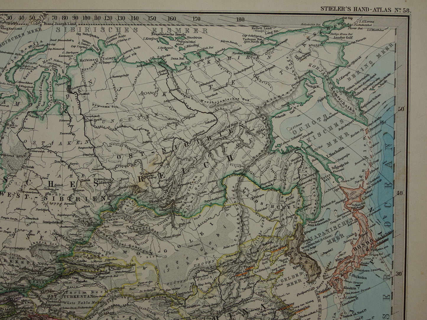 AZIË oude kaart van Azië in 1884 originele antieke Duitse landkaart