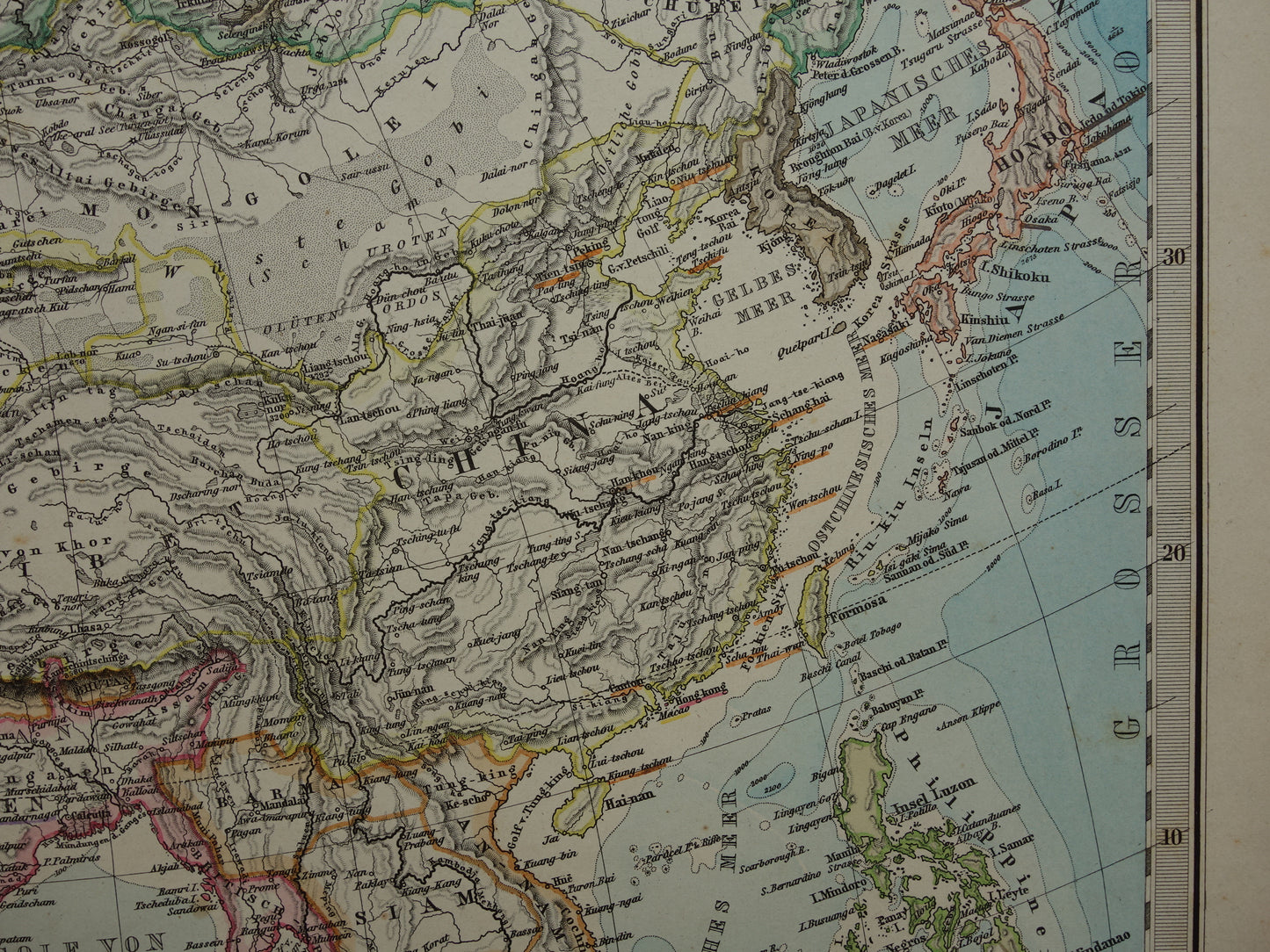 AZIË oude kaart van Azië in 1884 originele antieke Duitse landkaart