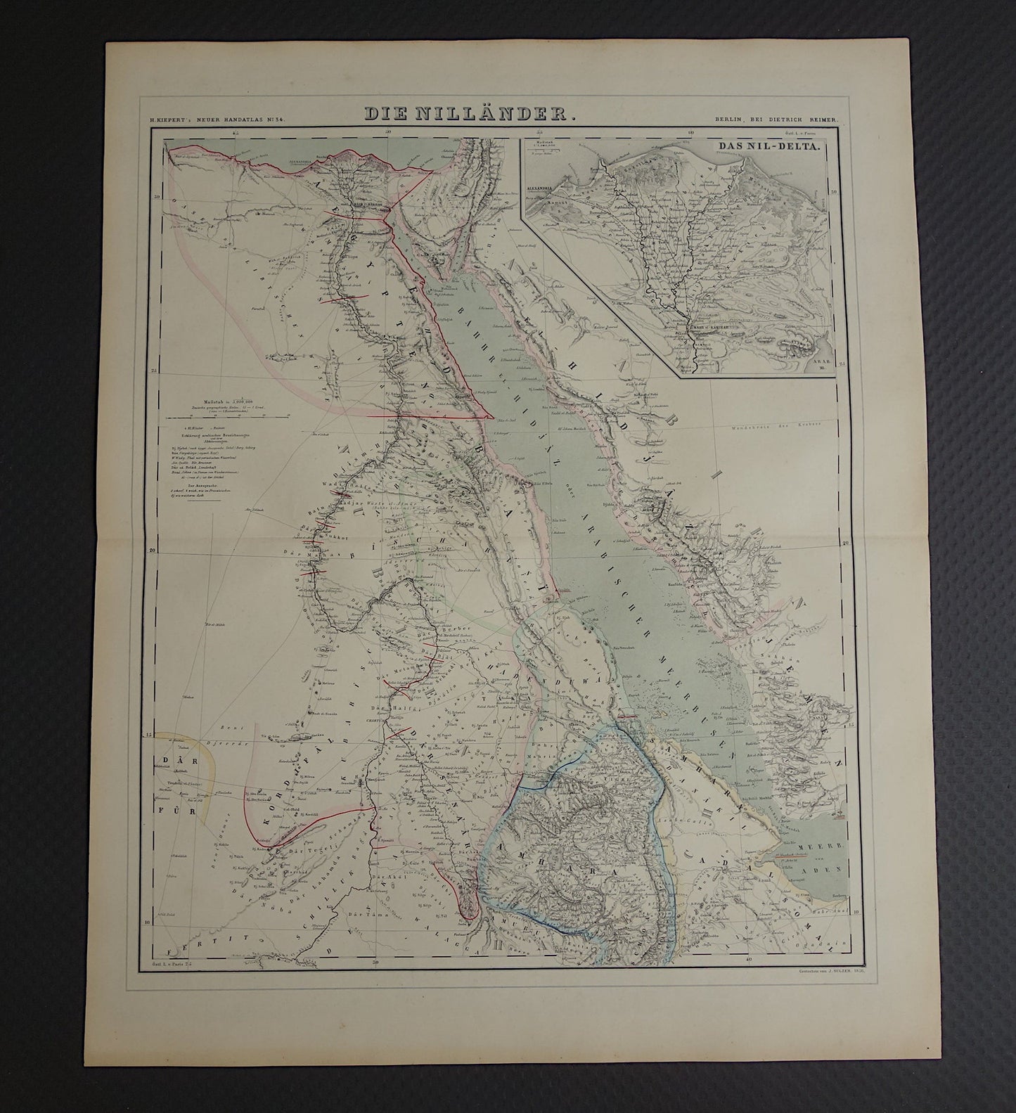 EGYPTE oude kaart van Rode Zee gebied Grote antieke landkaart Sudan, Djibouti, Ethiopië en Saoedi-Arabië met jaartal - vintage poster Afrika 1856