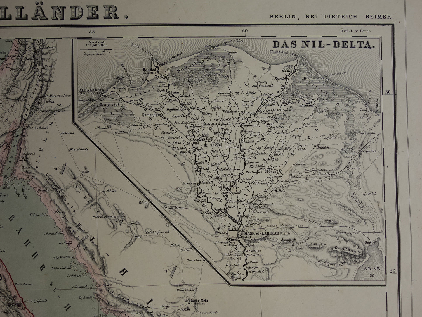 EGYPTE oude kaart van Rode Zee gebied Grote antieke landkaart Sudan, Djibouti, Ethiopië en Saoedi-Arabië met jaartal - vintage poster Afrika 1856