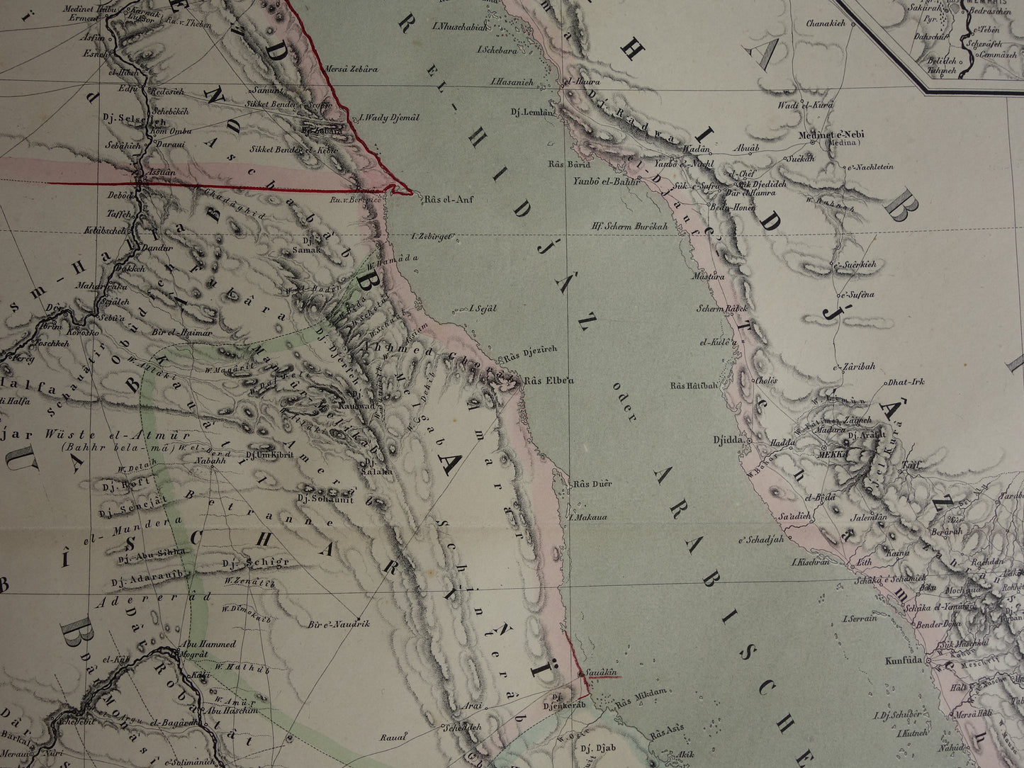EGYPTE oude kaart van Rode Zee gebied Grote antieke landkaart Sudan, Djibouti, Ethiopië en Saoedi-Arabië met jaartal - vintage poster Afrika 1856