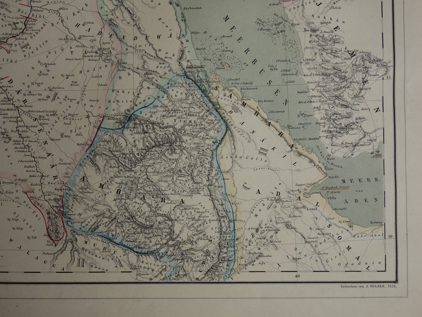 EGYPTE oude kaart van Rode Zee gebied Grote antieke landkaart Sudan, Djibouti, Ethiopië en Saoedi-Arabië met jaartal - vintage poster Afrika 1856