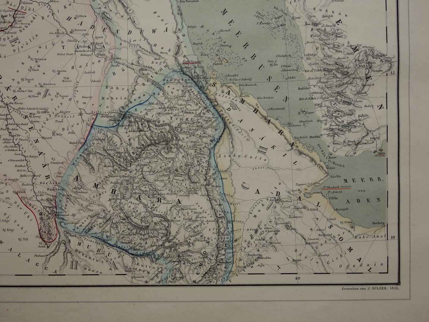 EGYPTE oude kaart van Rode Zee gebied Grote antieke landkaart Sudan, Djibouti, Ethiopië en Saoedi-Arabië met jaartal - vintage poster Afrika 1856