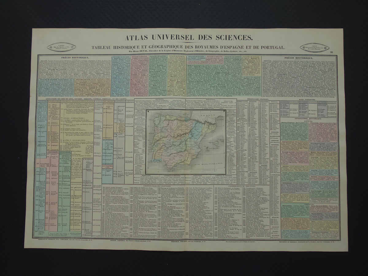 Spanje en Portugal Oude kaart Italië 1837 grote antieke gravure over geschiedenis van Spanje Portugal met vintage landkaart