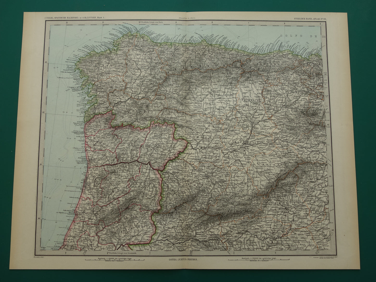 Oude kaart van noordwest Spanje Portugal 1886 originele antieke landkaart Salamanca Santander La Coruna