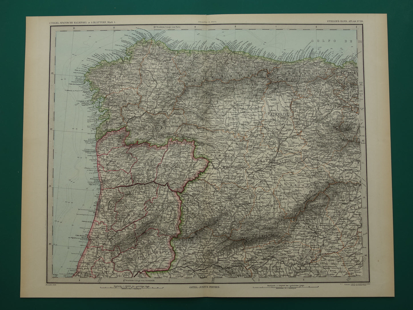 Oude kaart van noordwest Spanje Portugal 1886 originele antieke landkaart Salamanca Santander La Coruna
