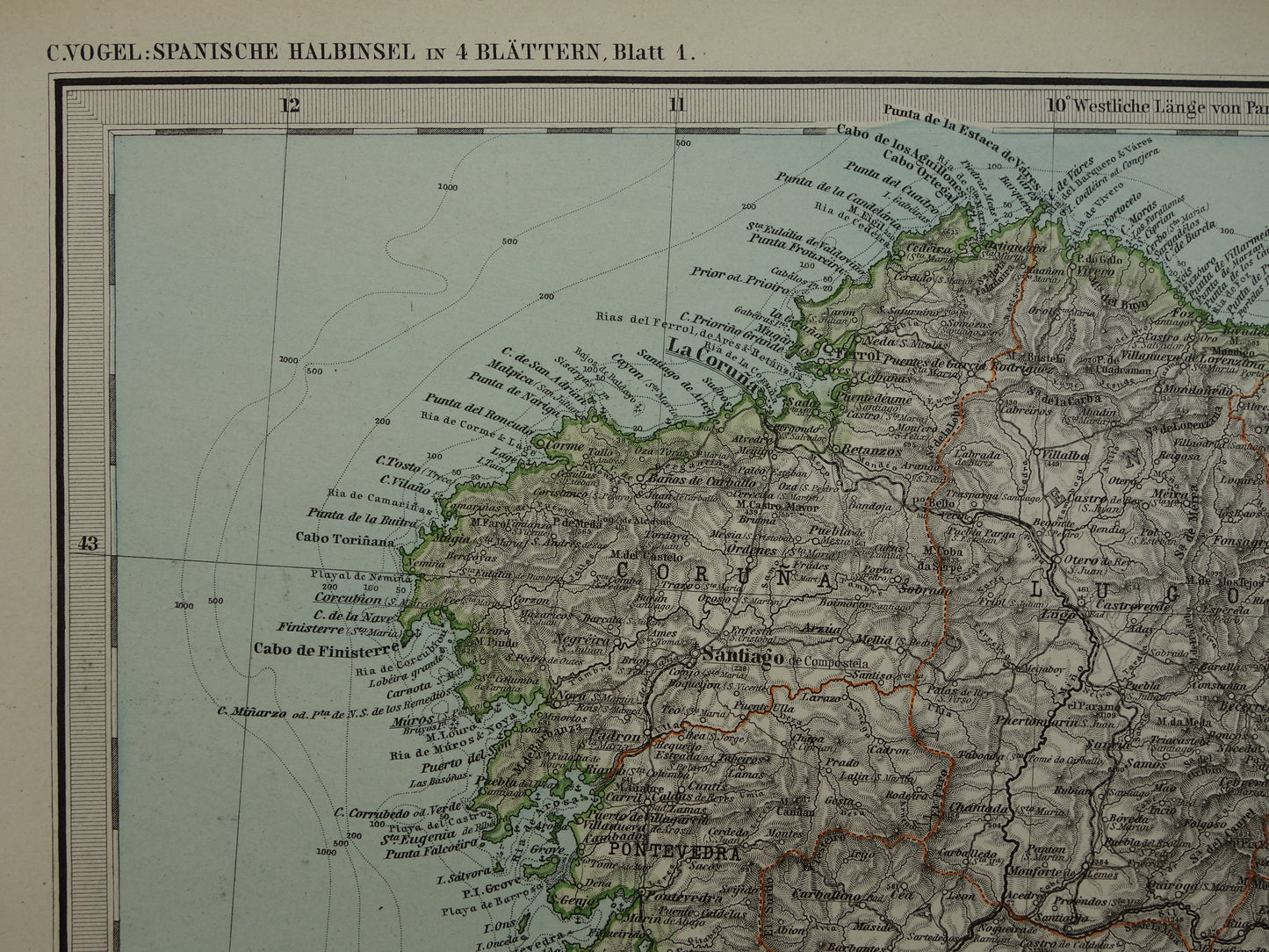 Oude kaart van noordwest Spanje Portugal 1886 originele antieke landkaart Salamanca Santander La Coruna