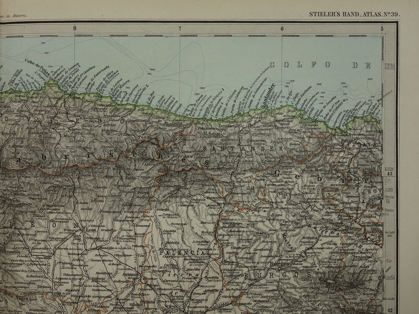Oude kaart van noordwest Spanje Portugal 1886 originele antieke landkaart Salamanca Santander La Coruna