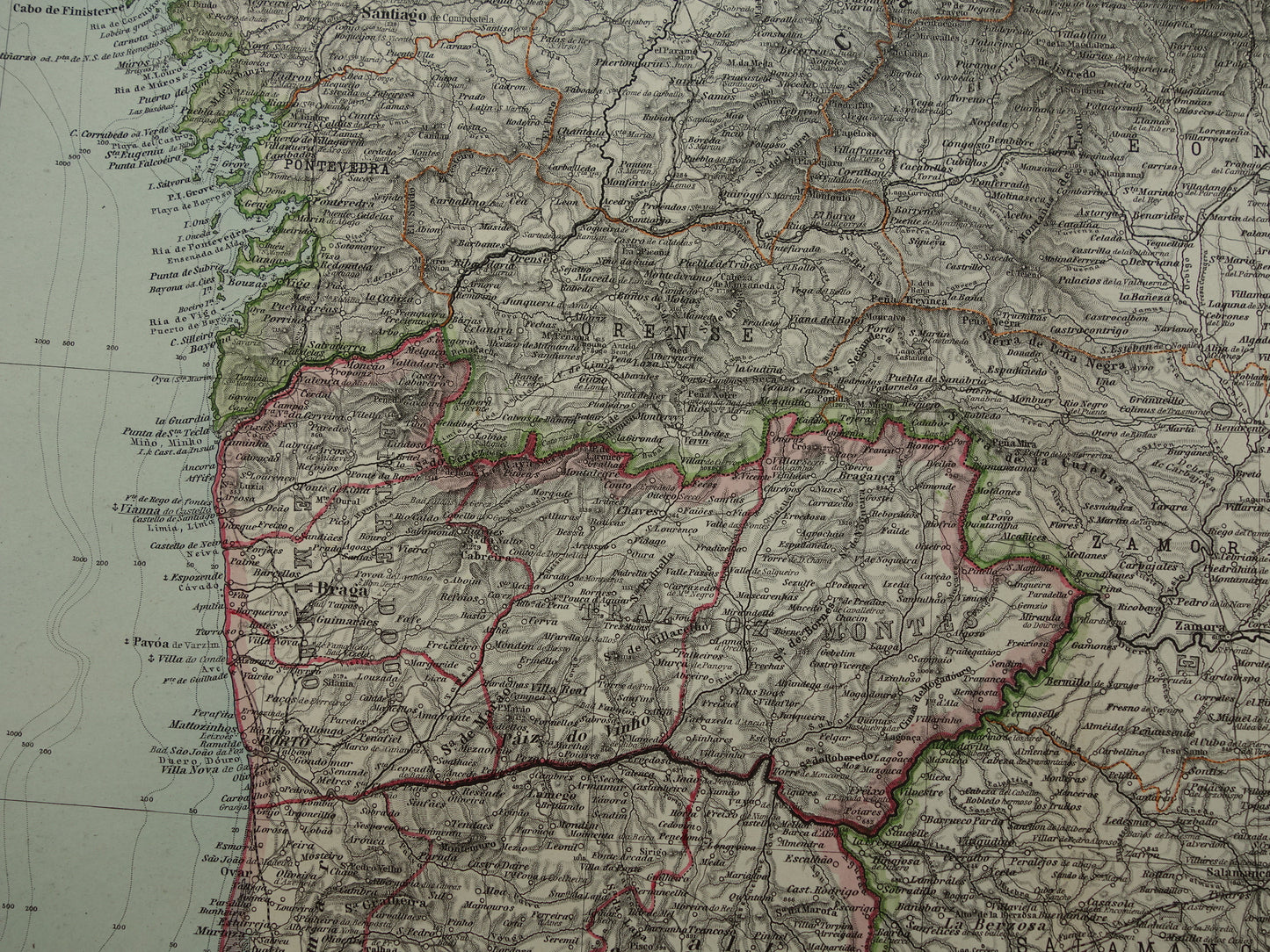 Oude kaart van noordwest Spanje Portugal 1886 originele antieke landkaart Salamanca Santander La Coruna
