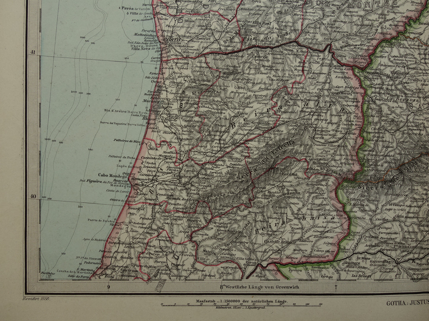Oude kaart van noordwest Spanje Portugal 1886 originele antieke landkaart Salamanca Santander La Coruna