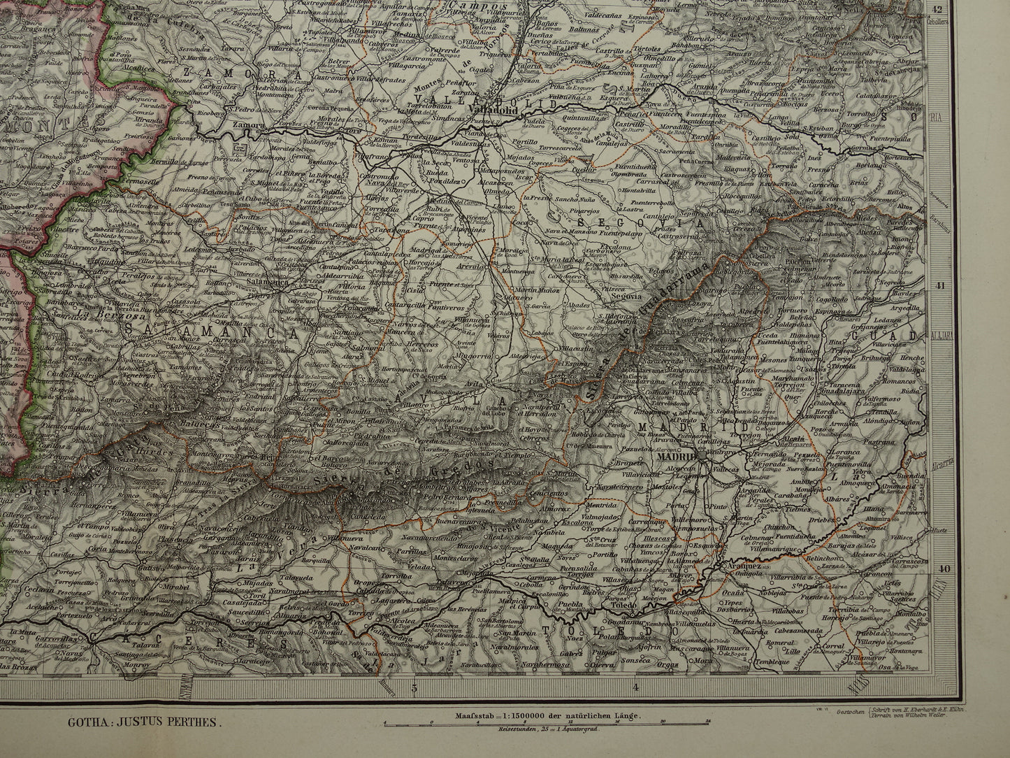 Oude kaart van noordwest Spanje Portugal 1886 originele antieke landkaart Salamanca Santander La Coruna