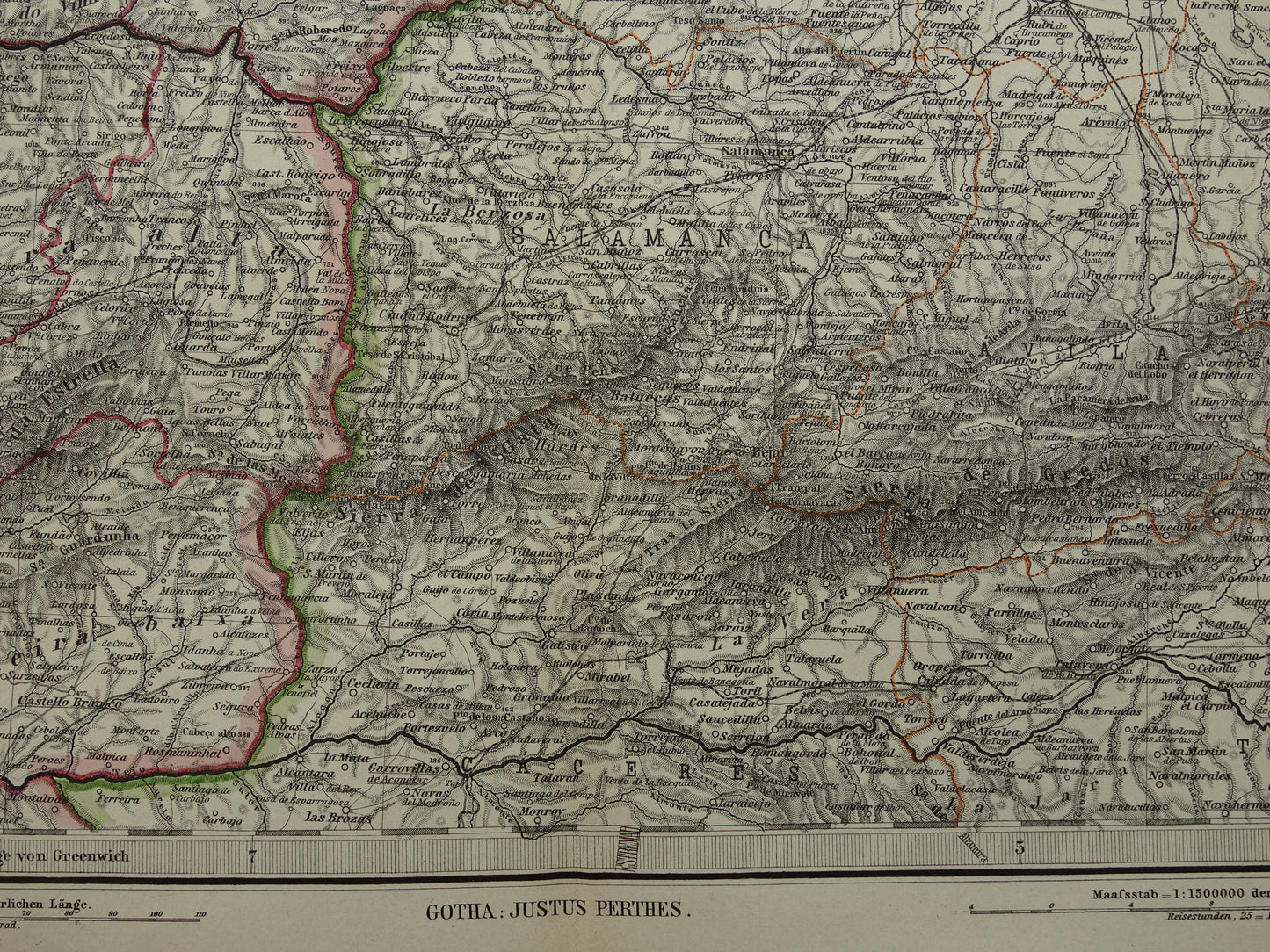 Oude kaart van noordwest Spanje Portugal 1886 originele antieke landkaart Salamanca Santander La Coruna