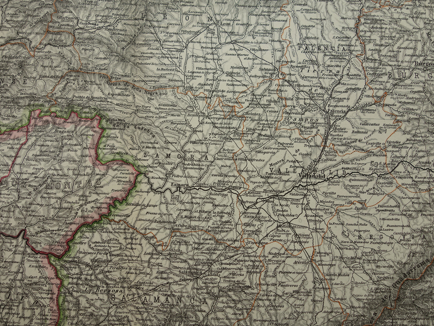 Oude kaart van noordwest Spanje Portugal 1886 originele antieke landkaart Salamanca Santander La Coruna