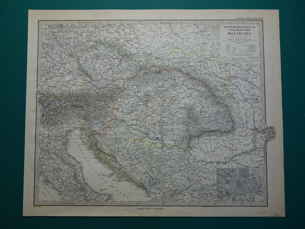 OOSTENRIJK-HONGARIJE oude landkaart uit 1884 originele antieke Duitse kaart van 37x46 cm groot