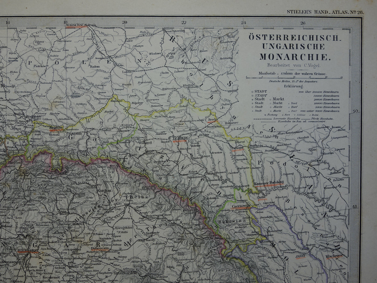 OOSTENRIJK-HONGARIJE oude landkaart uit 1884 originele antieke Duitse kaart van 37x46 cm groot