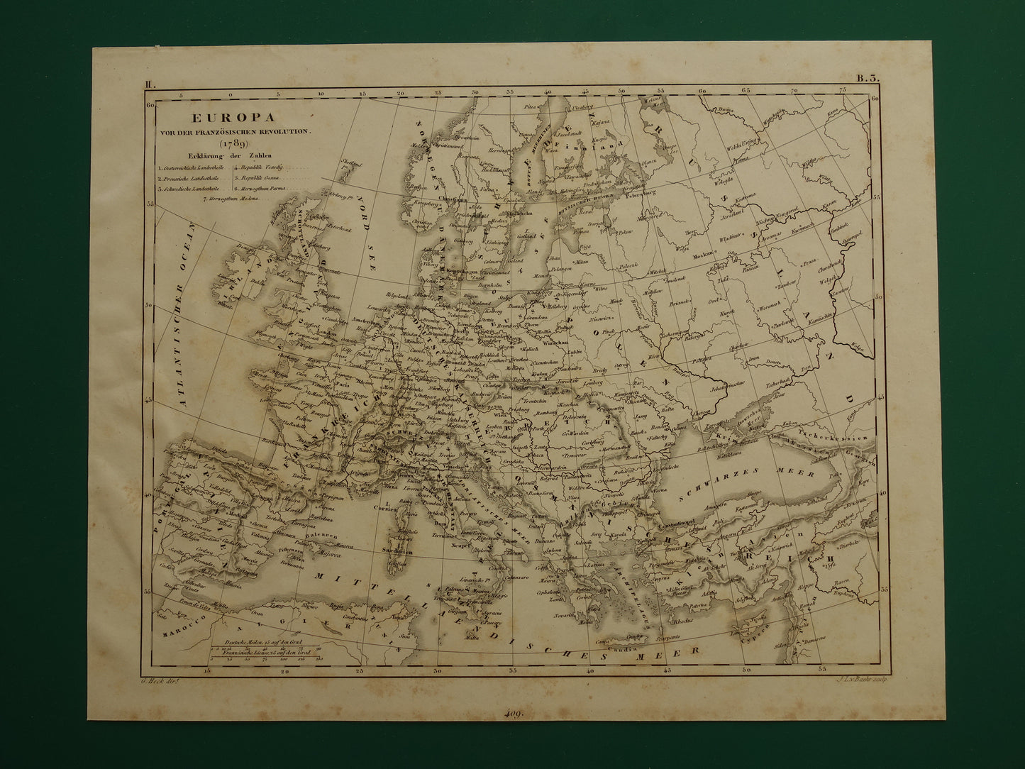 Oude kaart van Europa in 1789 bij start Franse revolutie Originele antieke kaart zwart/wit geschiedeniskaart