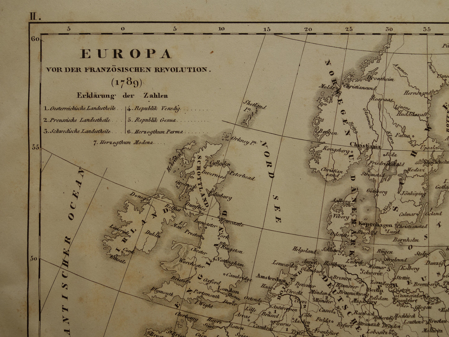 Oude kaart van Europa in 1789 bij start Franse revolutie Originele antieke kaart zwart/wit geschiedeniskaart