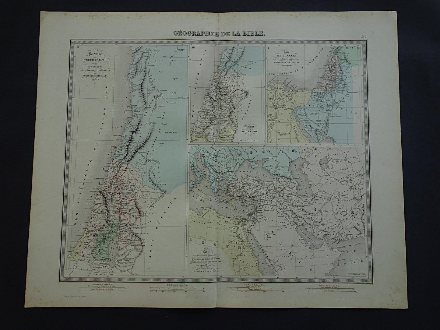Palestina in de oudheid oude kaart Bijbelse geschiedenis - Franse antieke handgekleurde landkaart