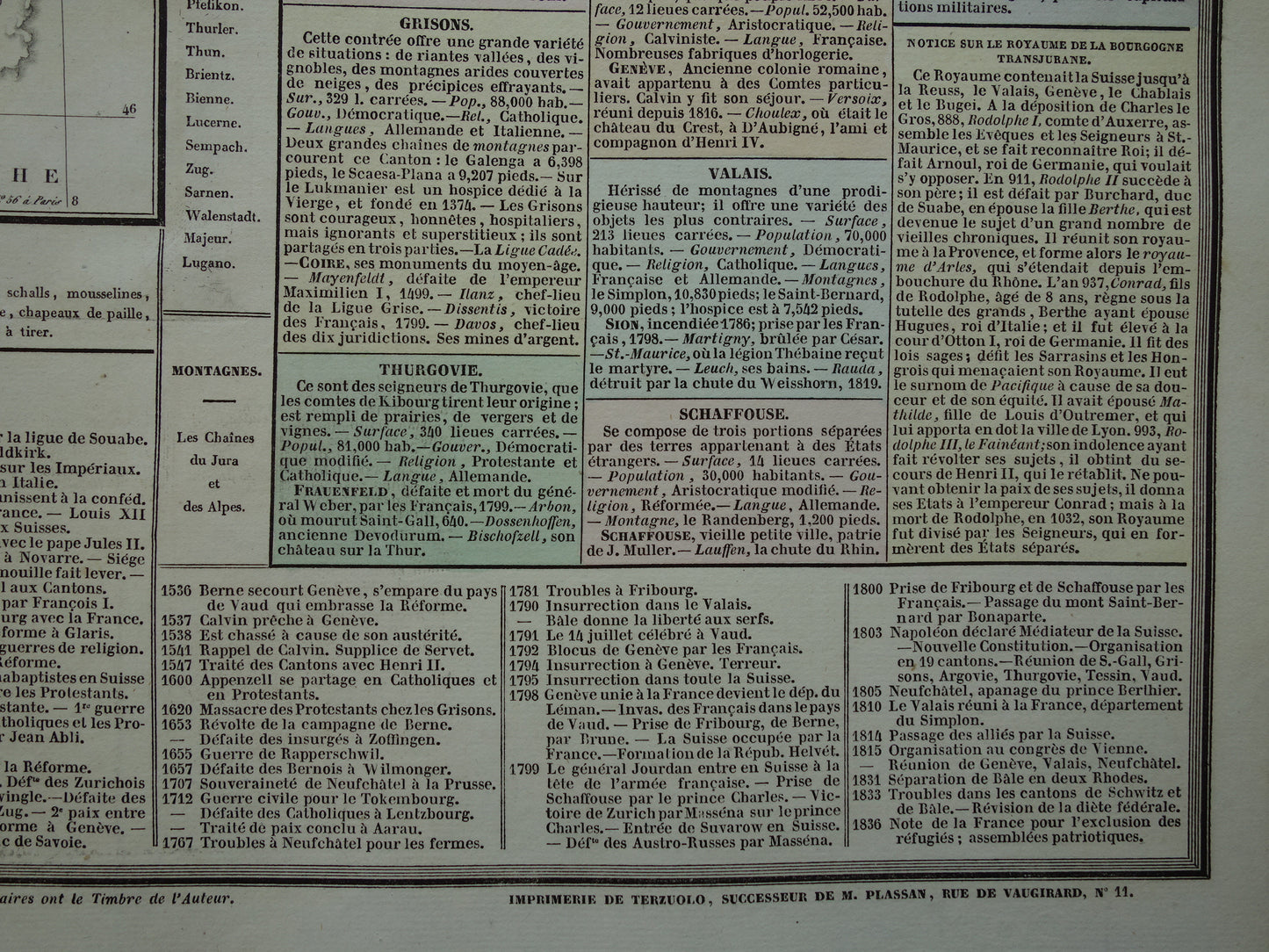 ZWITSERLAND Oude kaart Zwitserland uit 1837 grote originele antieke gravure over geschiedenis van Zwitserland met vintage landkaart