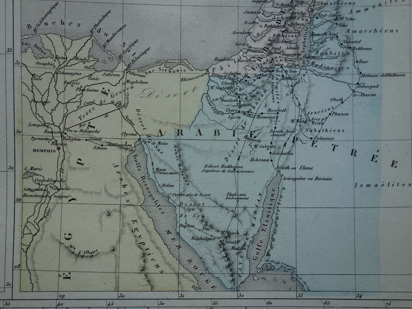 Palestina in de oudheid oude kaart Bijbelse geschiedenis - Franse antieke handgekleurde landkaart