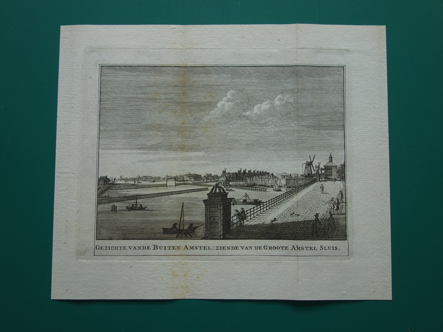 Oude prent van de Buiten Amstel in Amsterdam Originele antieke gravure Amstelsluizen Historisch stadsgezicht Vintage Print