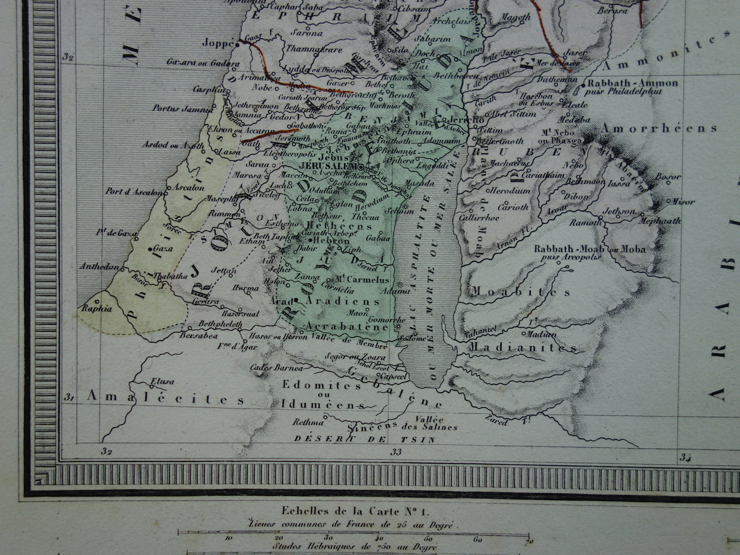 Palestina in de oudheid oude kaart Bijbelse geschiedenis - Franse antieke handgekleurde landkaart