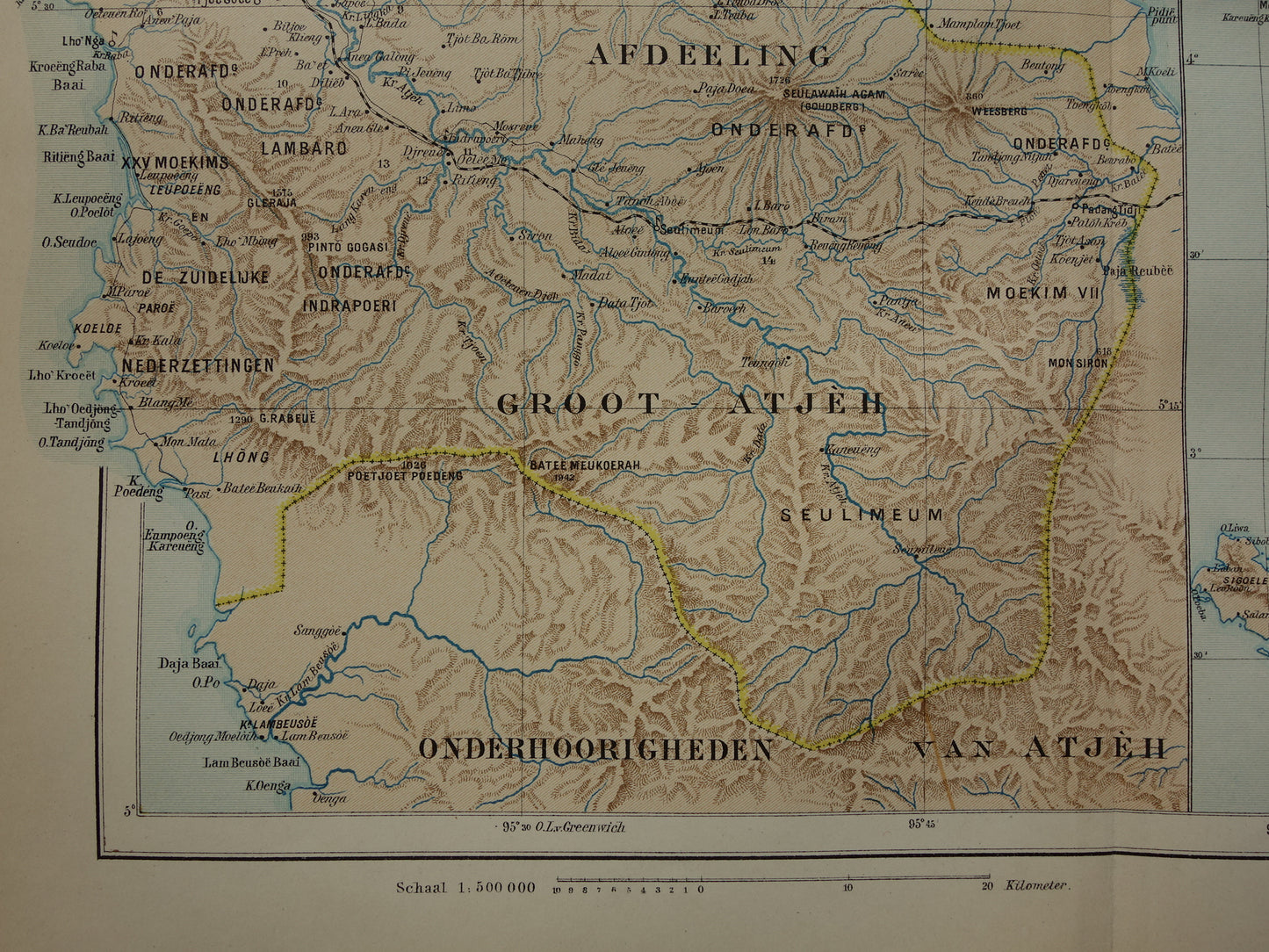 Oude kaart van Atjeh Sumatra Indonesië 1915 originele antieke landkaart Aceh vintage kaarten