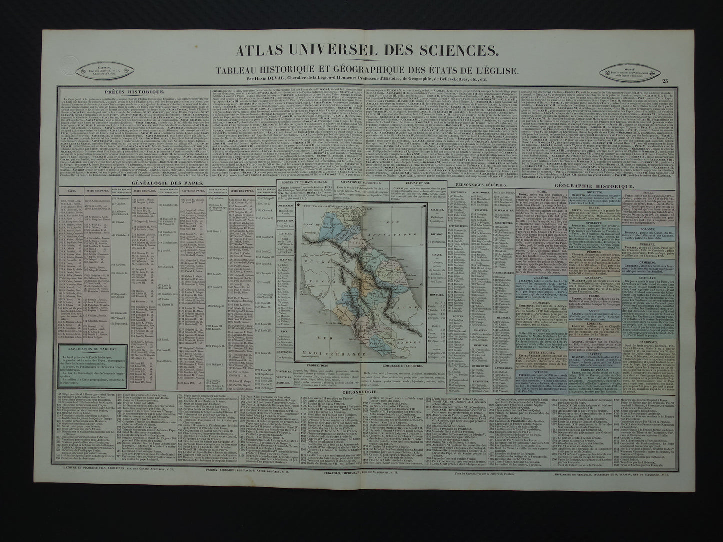 KERKELIJKE STAAT Oude kaart Italië 1837 grote antieke gravure over geschiedenis van Italië Pauselijke Staat met vintage landkaart