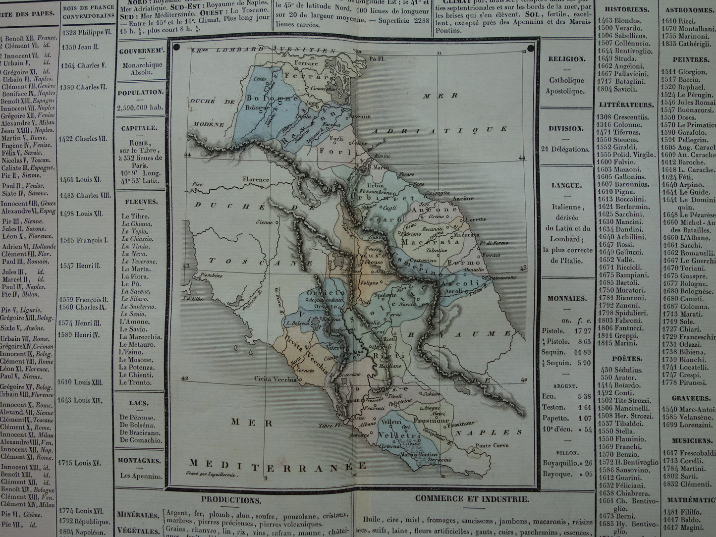 KERKELIJKE STAAT Oude kaart Italië 1837 grote antieke gravure over geschiedenis van Italië Pauselijke Staat met vintage landkaart