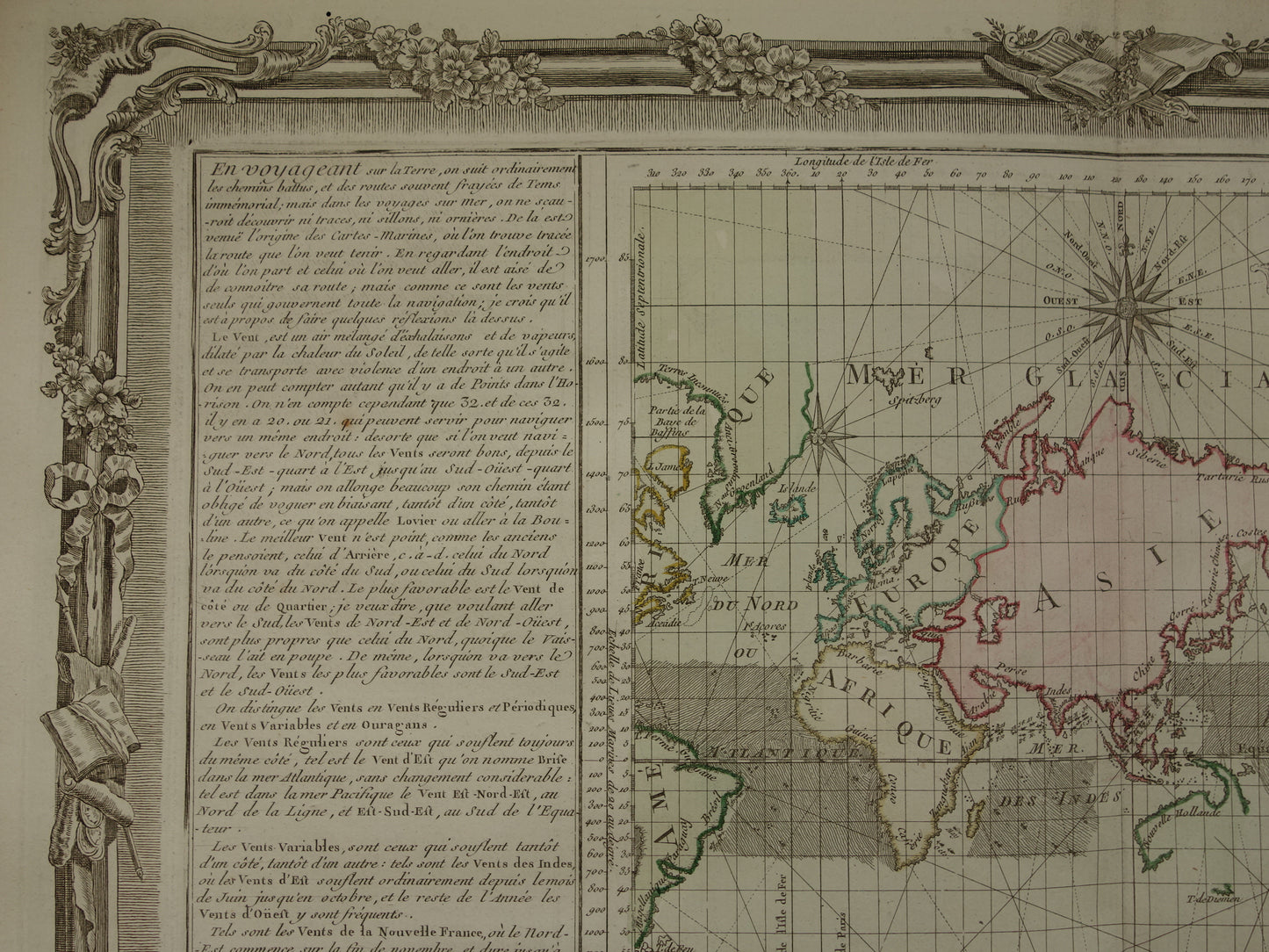 Oude wereldkaart 1761 Grote originele historische landkaart van de wereld Windrichtingen Windroos