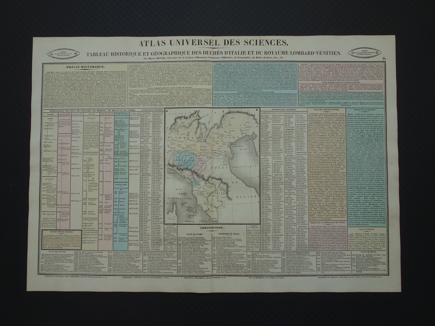 TOSCANE Oude kaart Italië 1837 grote antieke gravure over geschiedenis van Italië Lombardije met vintage landkaart