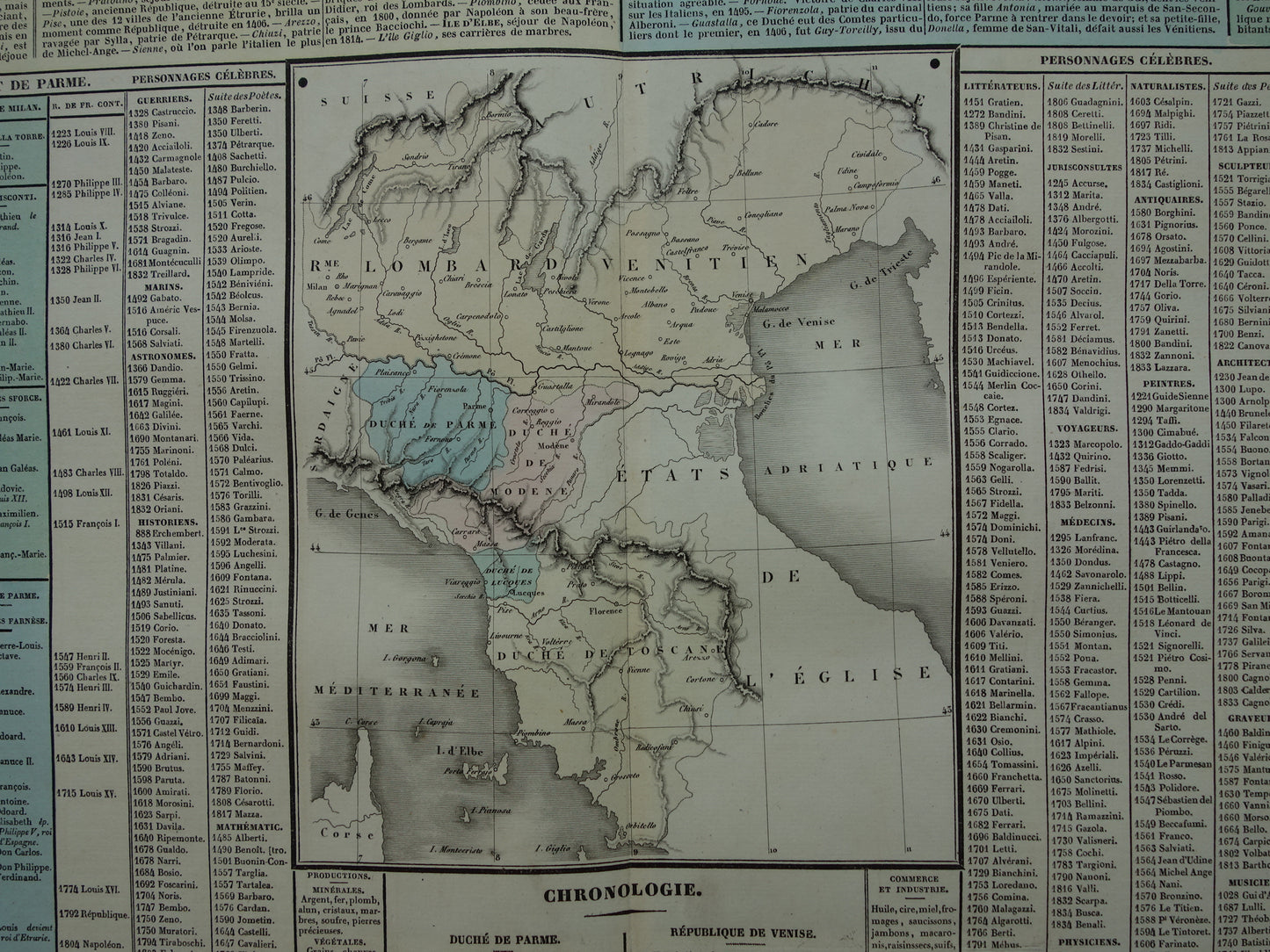 TOSCANE Oude kaart Italië 1837 grote antieke gravure over geschiedenis van Italië Lombardije met vintage landkaart