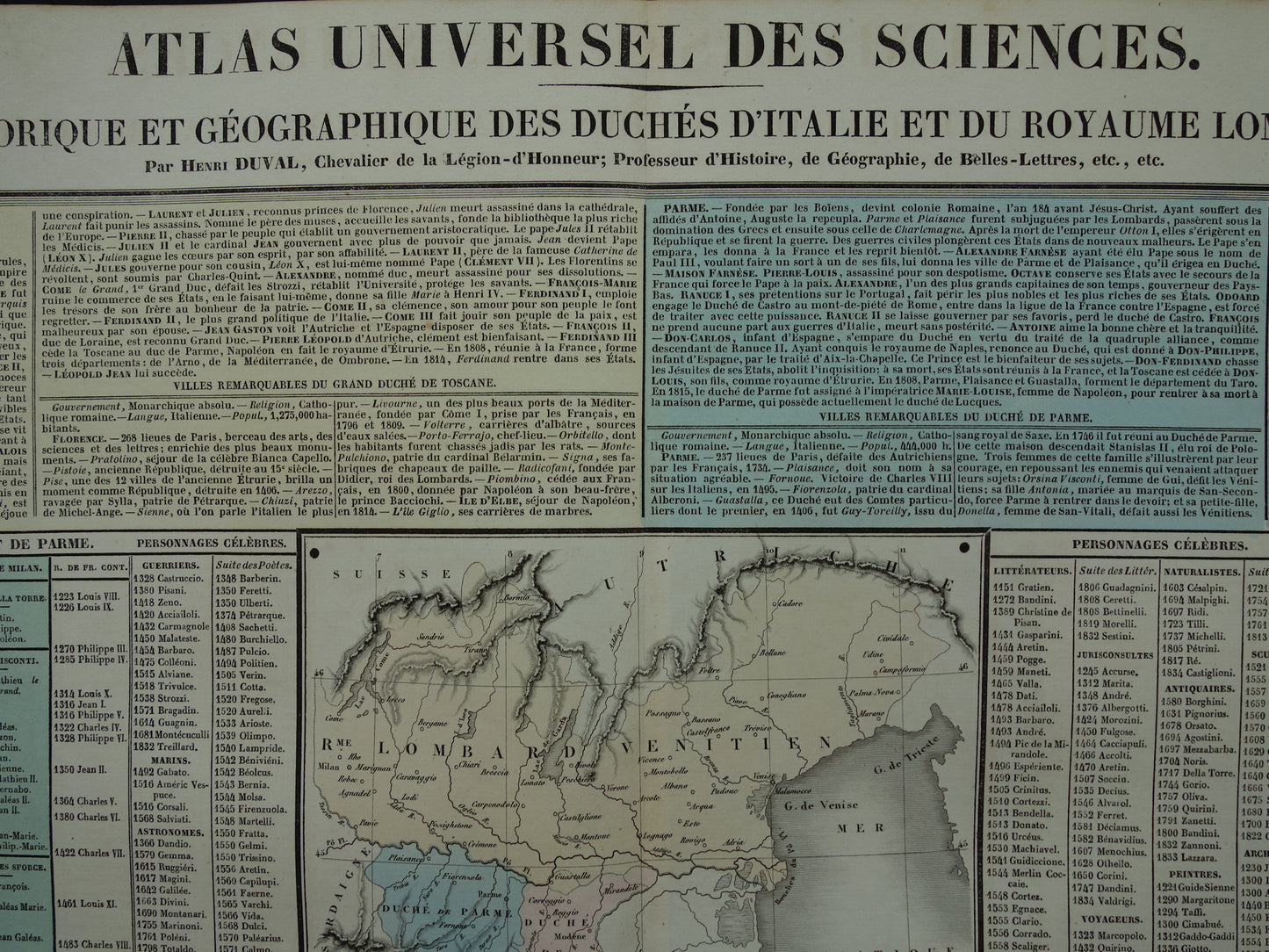 TOSCANE Oude kaart Italië 1837 grote antieke gravure over geschiedenis van Italië Lombardije met vintage landkaart