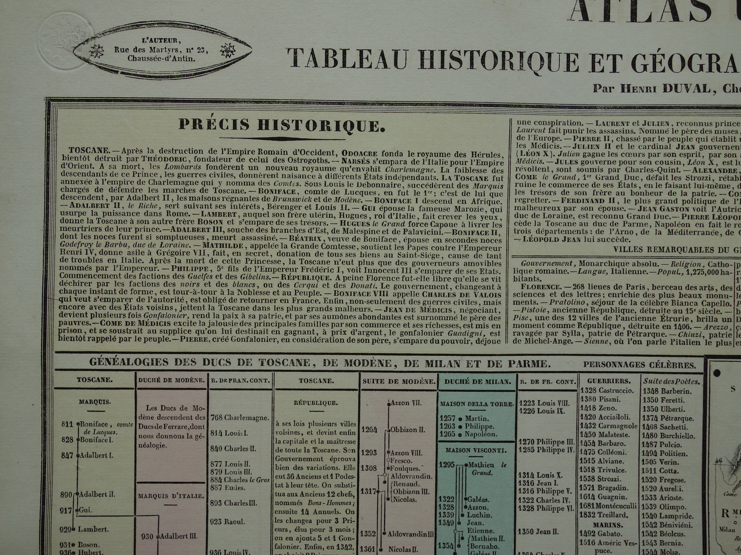 TOSCANE Oude kaart Italië 1837 grote antieke gravure over geschiedenis van Italië Lombardije met vintage landkaart