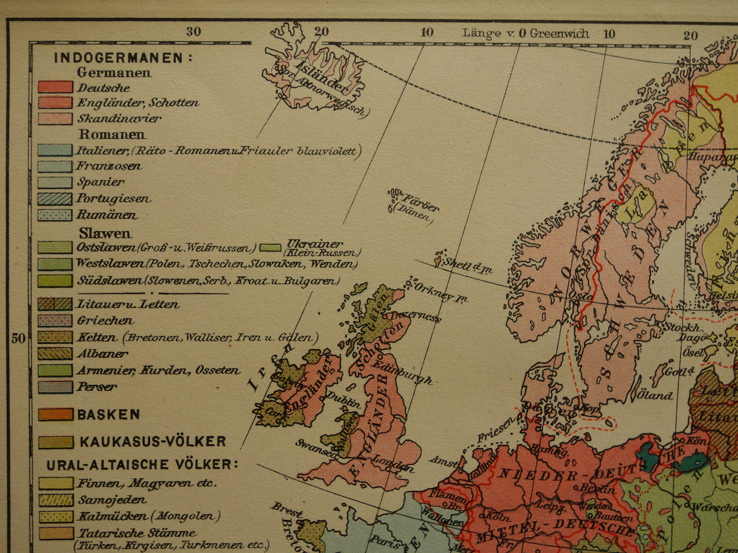 Oude kaart van Europa - kleine etnologische en linguïstische landkaart Europa- vintage kaarten