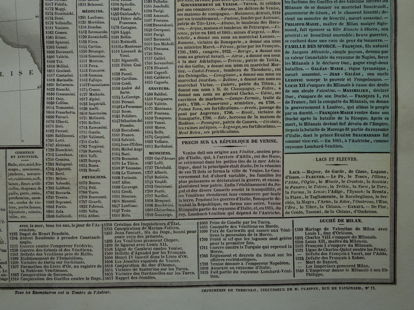 TOSCANE Oude kaart Italië 1837 grote antieke gravure over geschiedenis van Italië Lombardije met vintage landkaart