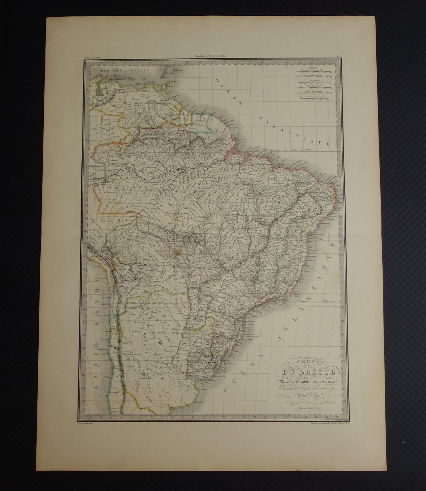 BRAZILIË Grote oude kaart van Brazilië uit 1851 Originele antieke landkaart met jaartal