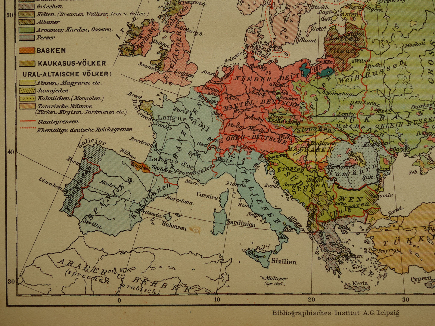 Oude kaart van Europa - kleine etnologische en linguïstische landkaart Europa- vintage kaarten