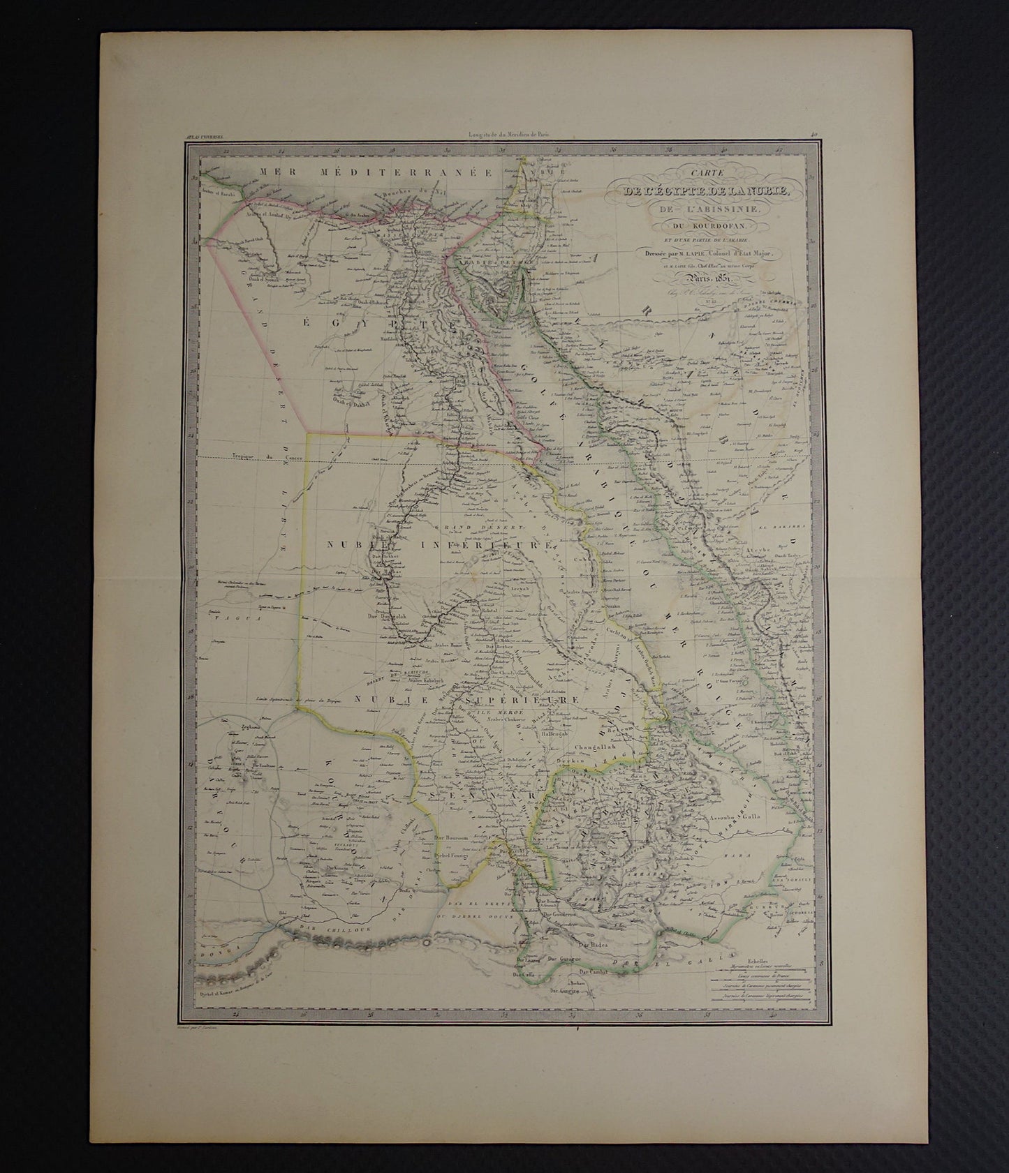 EGYPTE grote oude kaart van Rode Zee regio uit 1851 antieke landkaart Sudan, Djibouti, Ethiopië en Saoedi-Arabië met jaartal vintage landkaarten Afrika