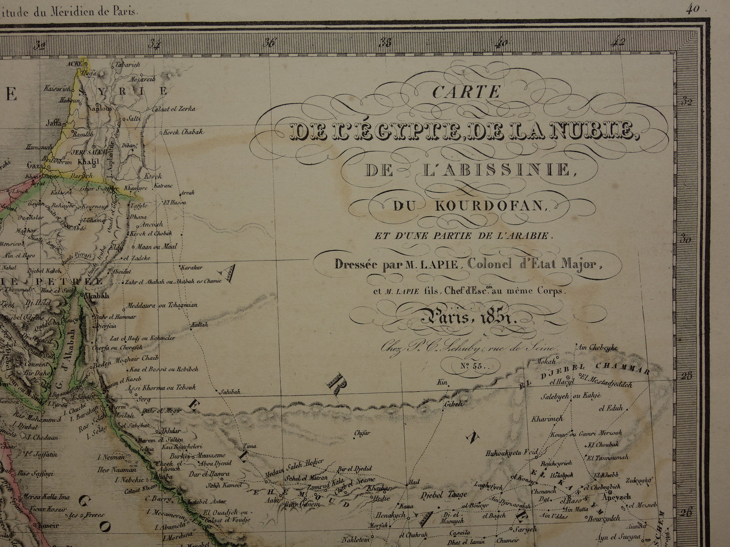 EGYPTE grote oude kaart van Rode Zee regio uit 1851 antieke landkaart Sudan, Djibouti, Ethiopië en Saoedi-Arabië met jaartal vintage landkaarten Afrika