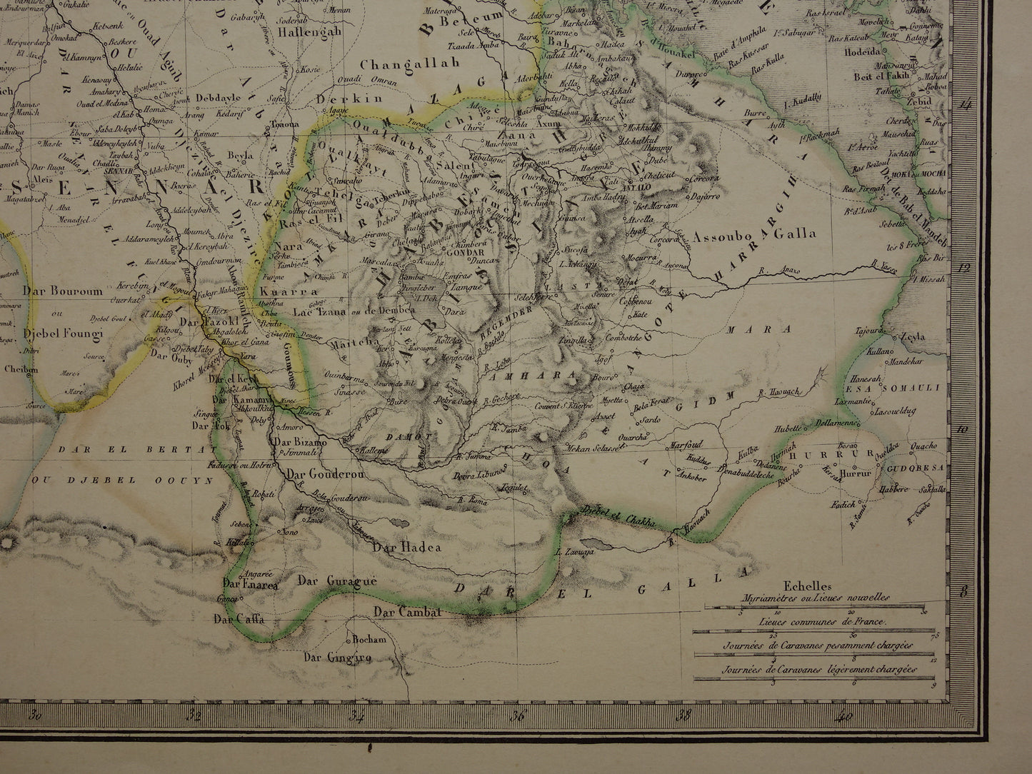 EGYPTE grote oude kaart van Rode Zee regio uit 1851 antieke landkaart Sudan, Djibouti, Ethiopië en Saoedi-Arabië met jaartal vintage landkaarten Afrika